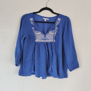 Navy blue peasant embroidered boho top